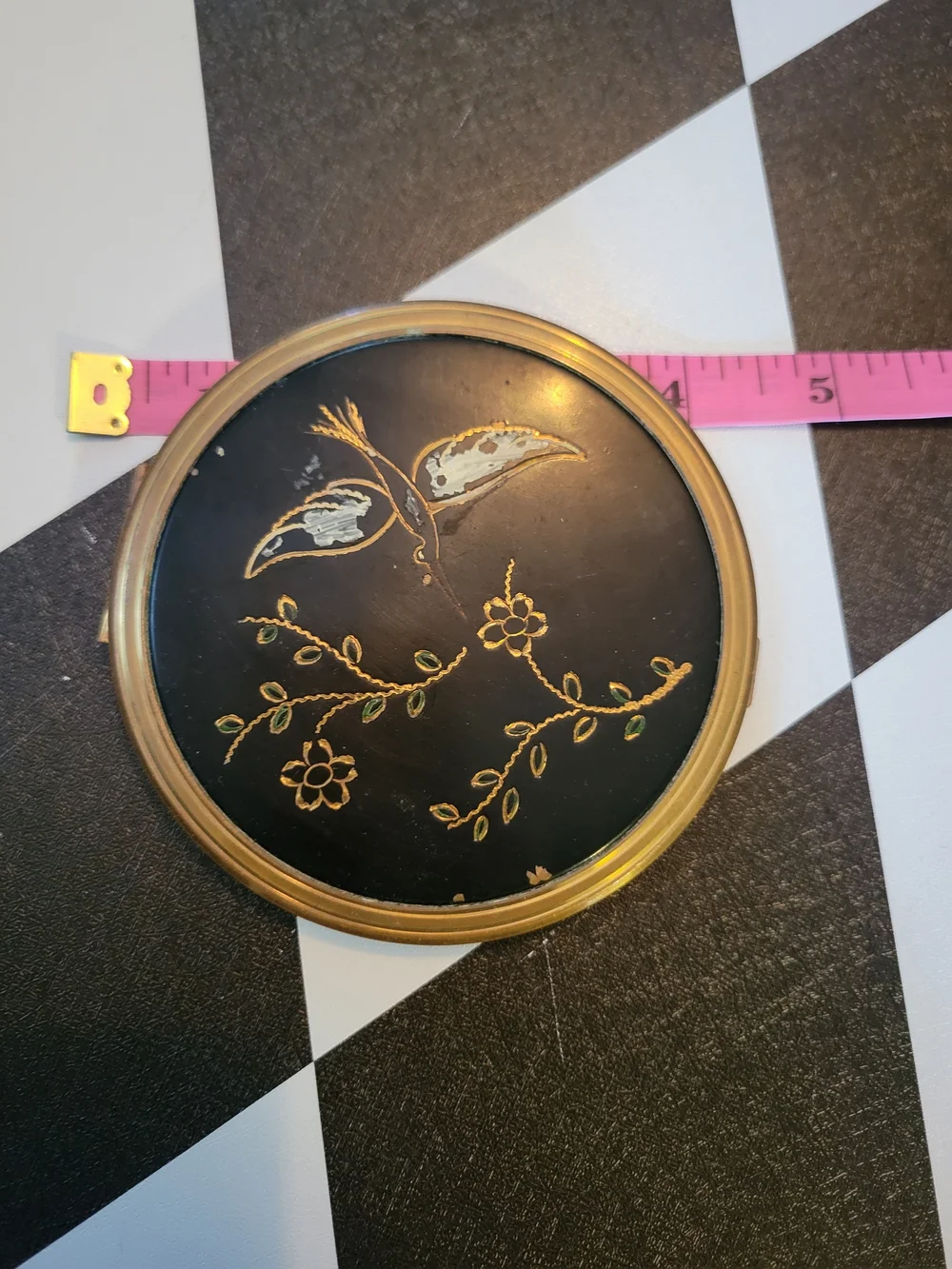 Vintage Black & Gold Round Compact Mirror - Women Makeup Accessory